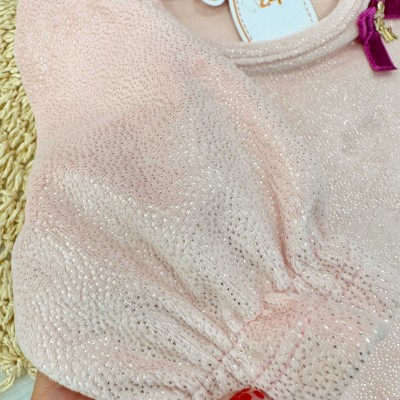 Vestido Manga Longa em Plush Foil com Lacinho e Brilhos - Rose